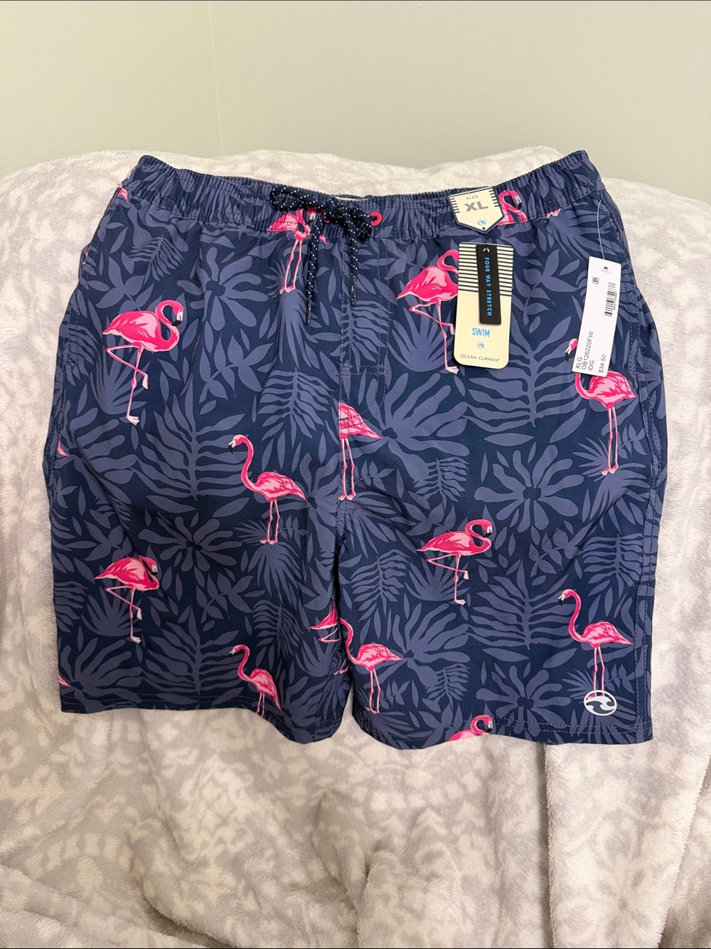Ocean Current Boys Navy Swim Trunks with Pink Flamingo Print Size XL